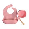 Silicone Bib & Tableware Set: Snail Bowl, Wooden Handle Spoon & Fork - Child Safe 3-Piece Feeding Kit