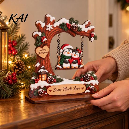 Festive Tabletop Display Wooden Christmas Swing Ornament, Cute Santa Claus Reindeer Penguin 2D Winter Theme Home Accents Flat Decoration for