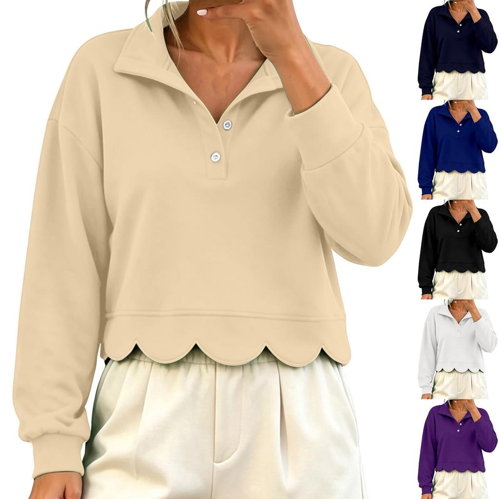 Women's Fashion Color Long Sleeve Collared Pullover Sweatshirt Casual Loose Fit Top