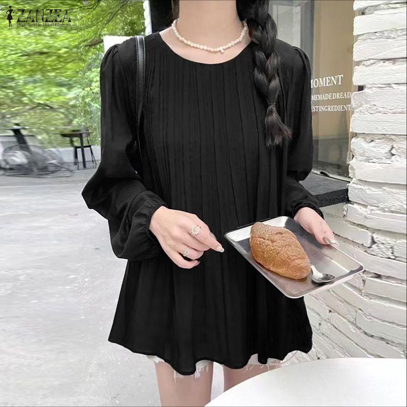 ZANZEA Women Casual Round Neck Solid Color Loose Long Sleeve Blouse