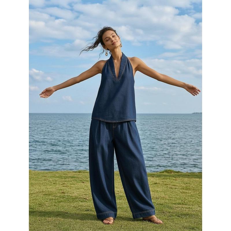 Women's Sleeveless V Neck Wide Leg Jumpsuit Loose Casual One Piece Summer Outfit