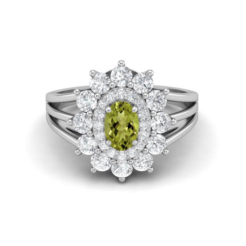 6X4MM Oval Peridot Gemstone 925 Sterling Silver Halo Split Shank Ring