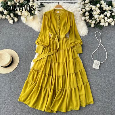 Spring and Autumn Women's V-neck Single-breasted Dress French Vintage Large Swing A-line Long Dress