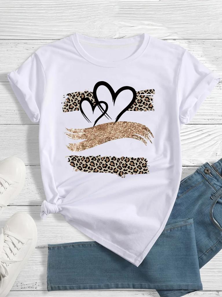 Leopard Love Heart Printed Tshirt Short Sleeve Round Neck Casual Top Summer and Spring Womens Clothing Aesthetic Graphic Y2K