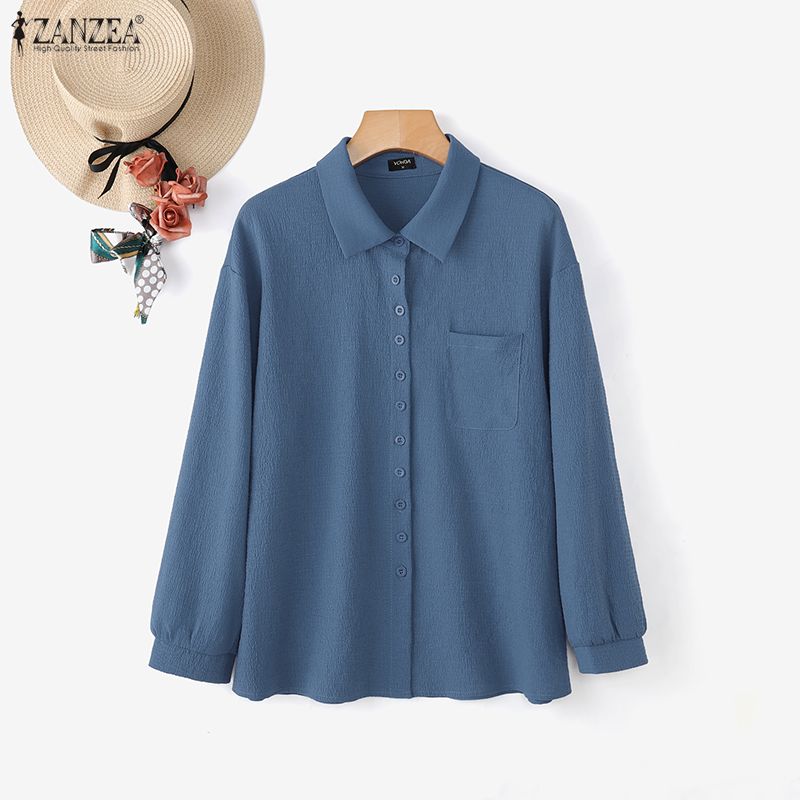 ZANZEA Women Casual Turn Down Collar 3/4 Sleeve Loose Blouse