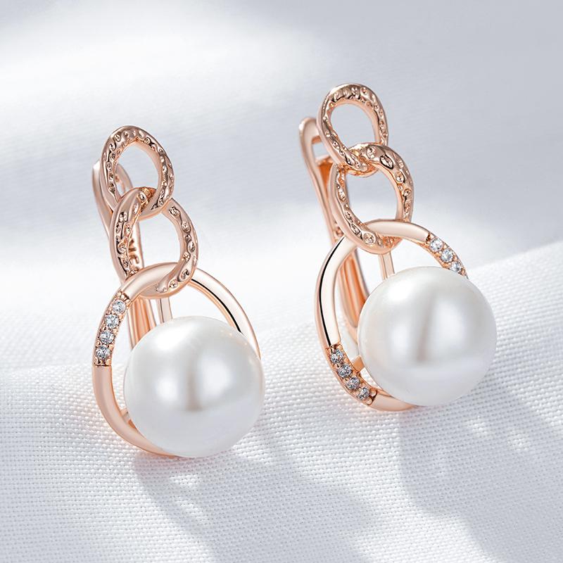 Unique Geometric Pearl English Earrings For Women Luxury Rose Gold Color With Natural Zircon Bridal Wedding Jewelry