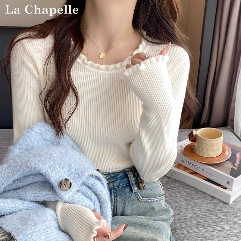 La Chapelle Damen Strickoberteil mit Rüschenkante und langen Ärmeln