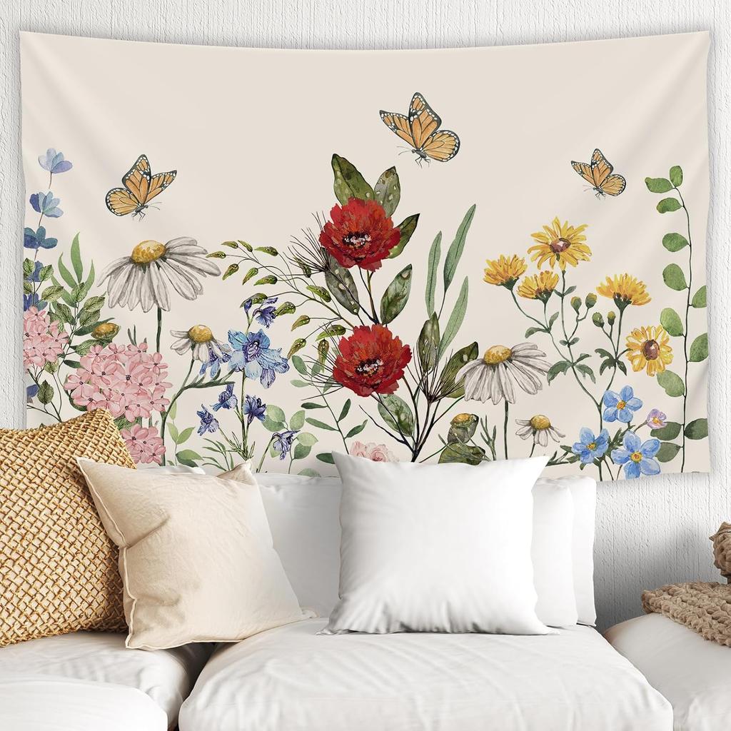 Vintage Floral Tapestry Spring Wildflower Wall Hanging Blanket Nature Botanical Decorative Tapestry For Home Bedroom Living Room