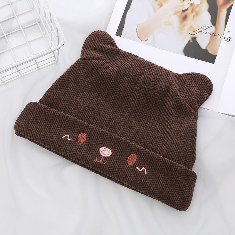 Cartoon Stack Hat Female Autumn and Winter New Pullover Hat Bear Embroidery Cute Thermal Ear Hat Student with Ears