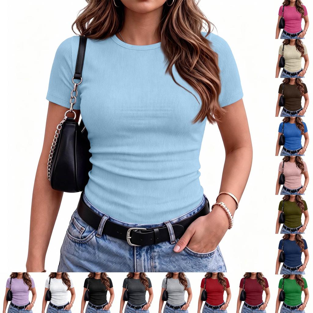 Women's Stretch Ribbed Short Sleeve Round Neck Slim Fit T-Shirt