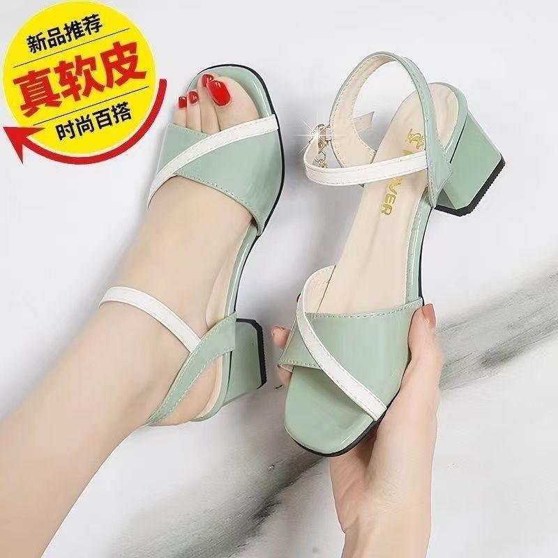 

2025 new women s sandals medium heel high heel women s word with thick heel fashion women s shoes color matching sandals 40