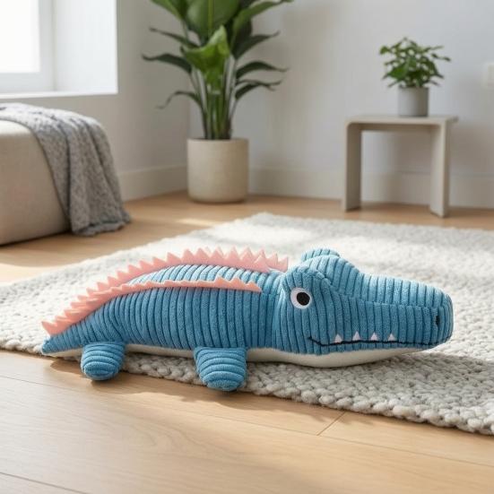 Puppy Teething Toys Corduroy Crocodile Dog Toy, Squeaky Plush Chew Soft Fabric Stuffed Animal for Small to Medium Dogs Biting, Interactive Play