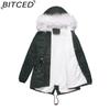 BITCED Women's Cotton-Lined White Fur-Trimmed Parka Mid-Length Hooded Winter Warm Fleece Coat