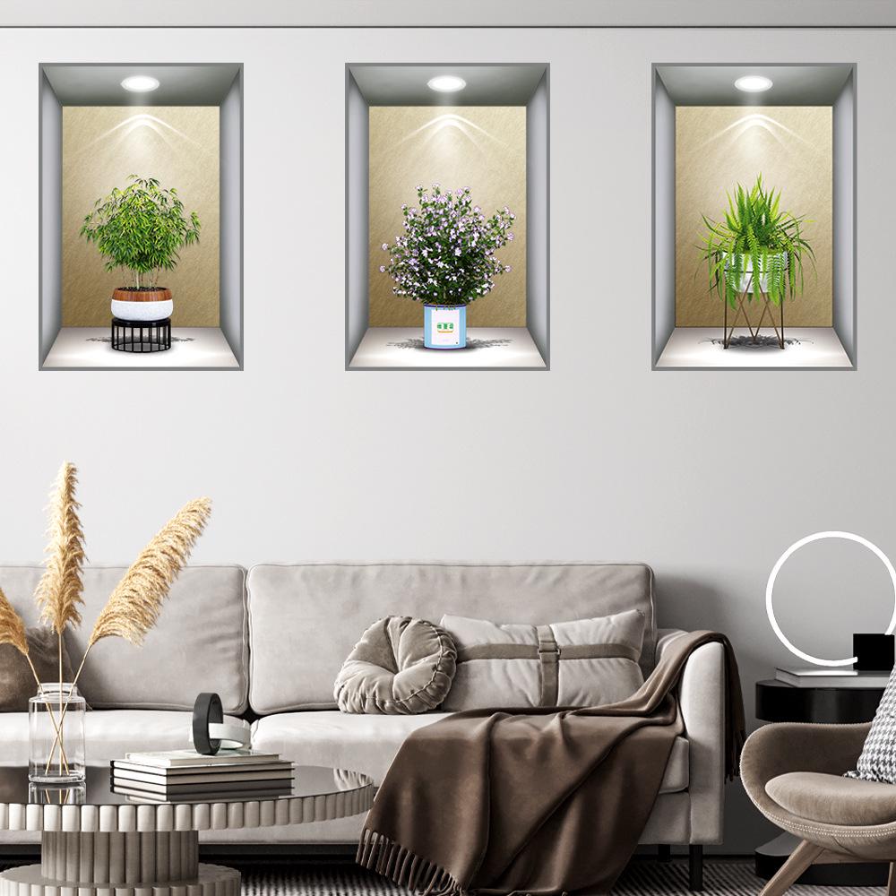 Wei Mo Xiang Green Plant Three-Panel Self-Adhesive Decorative Wall Sticker for Home & Hotel
