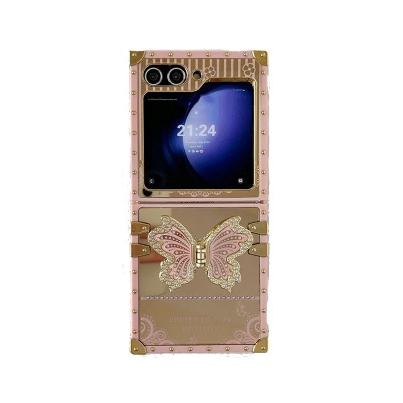 

Suitable for Samsung Zflip6 Mobile Phone Case Plated Mirror Rhinestone Butterfly Stand Full Inclusive New Folding Screen Protective Case Samsung Zflip3