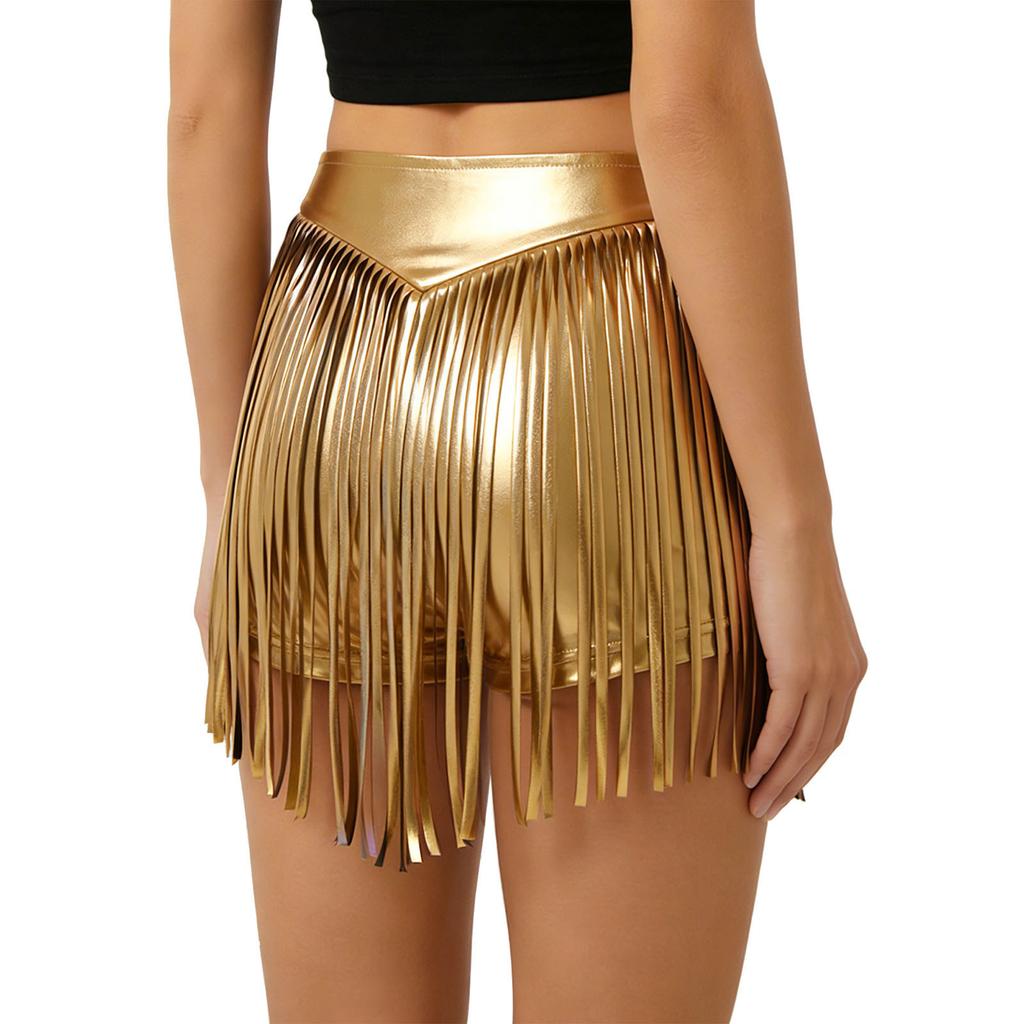 Damen Schimmernde Metallische Hotpants Hohe Taille Quaste Fransen Booty Shorts Freche Shorts