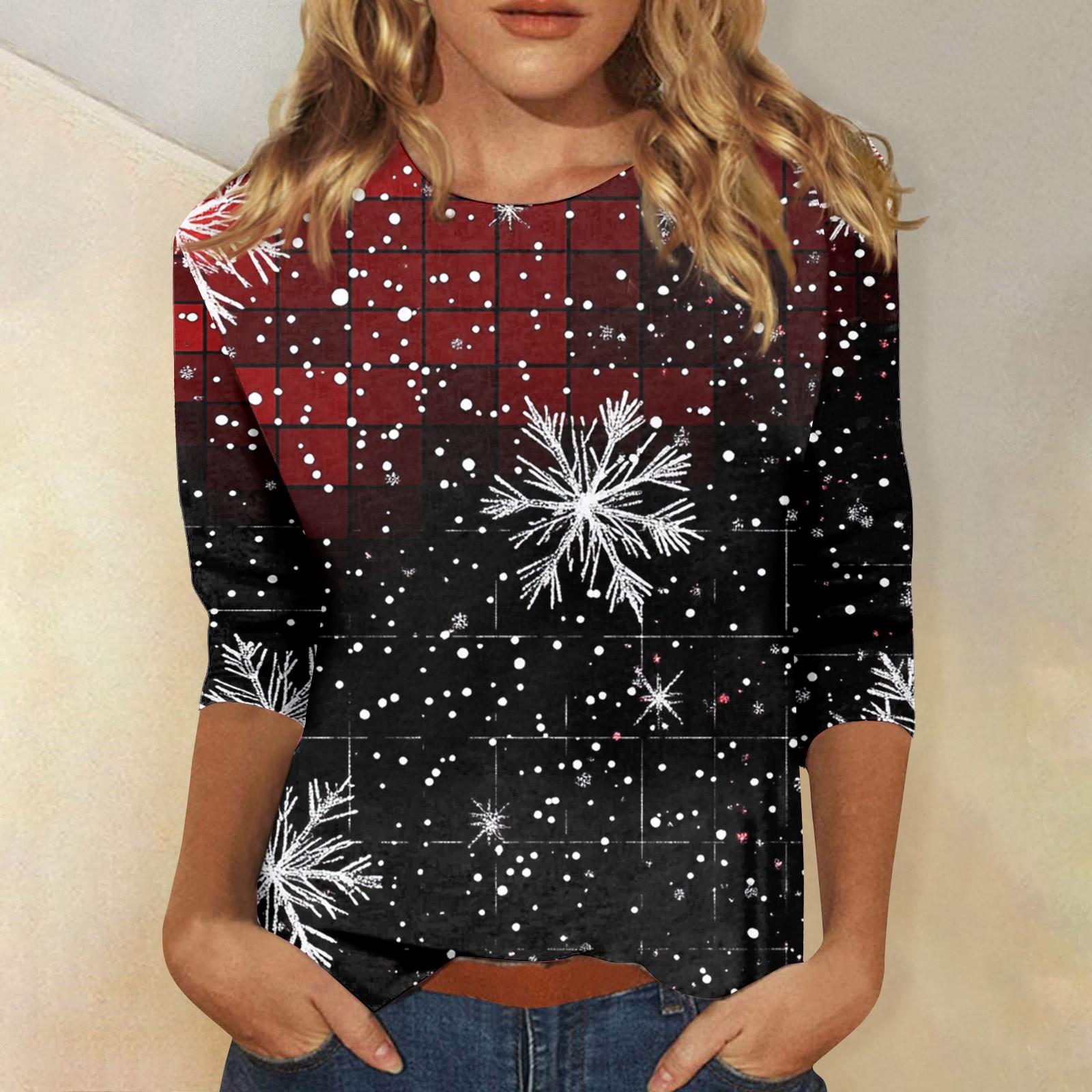 Женская повседневная свободная футболка с круглым вырезом и рождественским принтом — фото 3