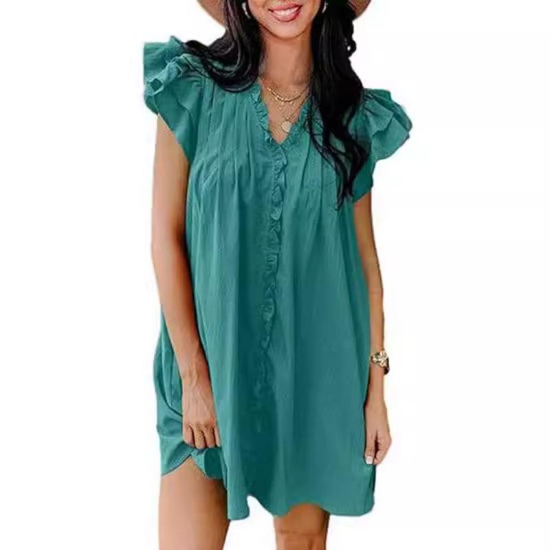 Fashion V-neck Ruffled Short-sleeved Dress Summer Solid Color Loose Shift Dress
