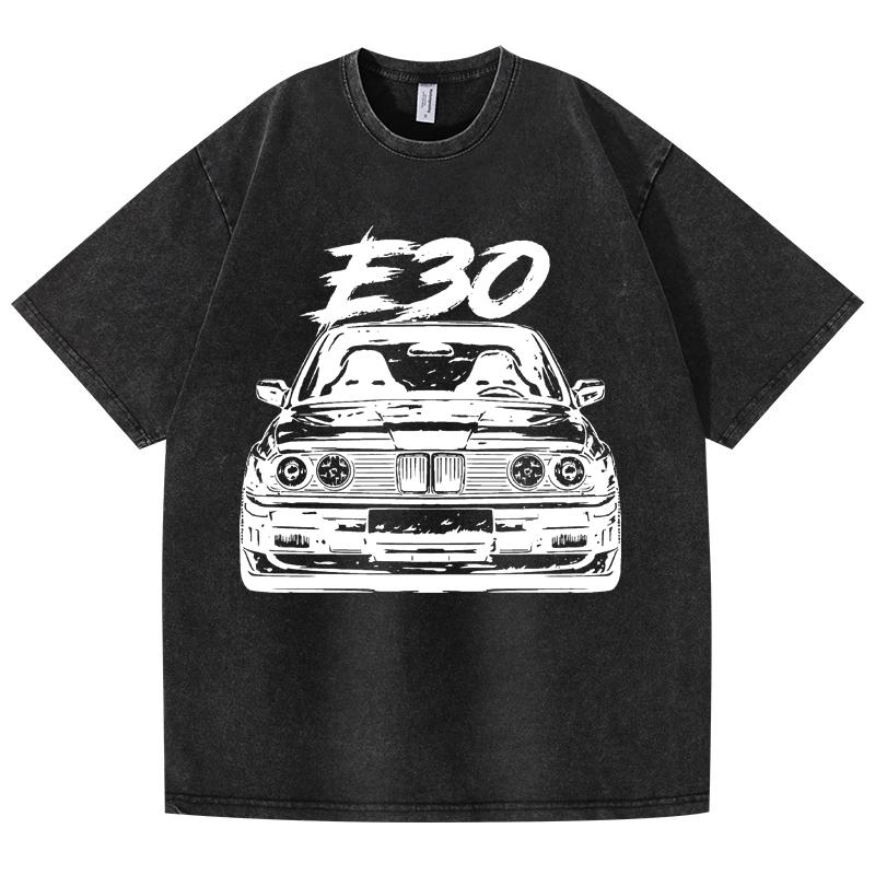 Retro Vasket Vintage T-skjorte E30 Bil 100% Bomull T-skjorte Fleece Tykk Varm Dame Herre Hip Hop Trykket Rund hals T-skjorte