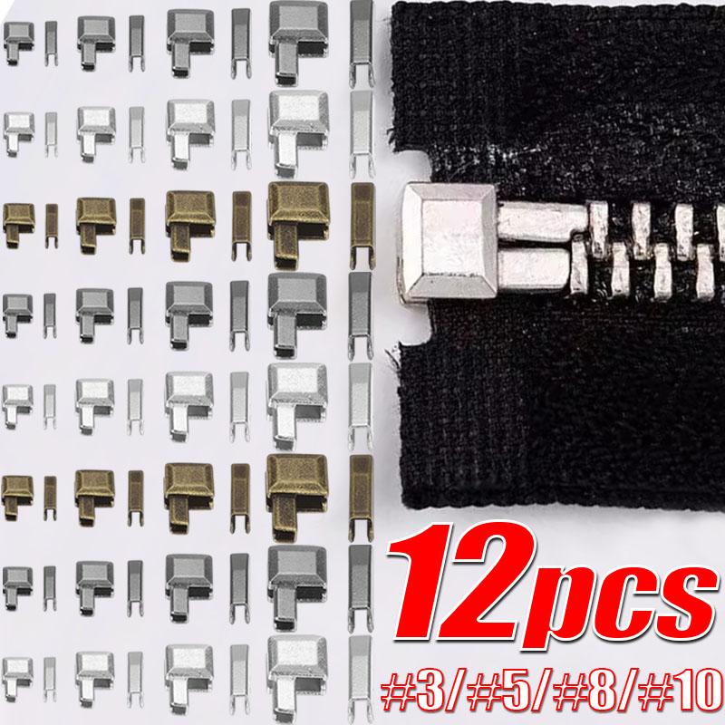 12pcs/set Metal Zipper Head Sliders Retainer Insertion Pin Zipper Top Stopper Ends for Coat Jacket Clothes Repair Kit Bag Decora