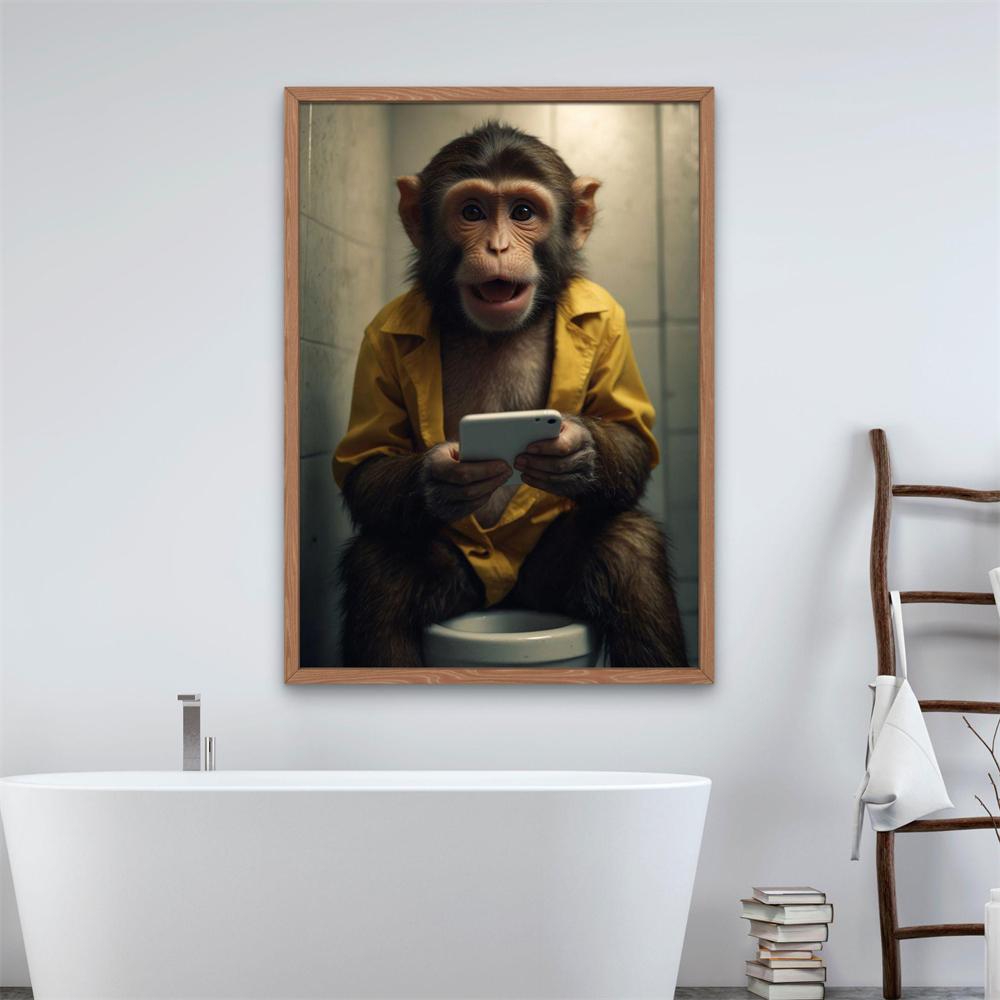 Funny Monkey On Toilet Wall Art Poster Surprised Chimp with Phone Print Canvas Painting Jungle Bathroom Decor Toilet Wall Decor