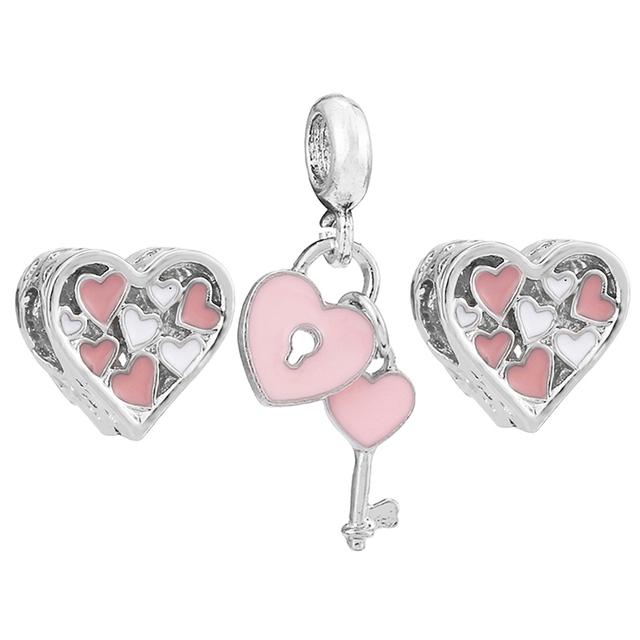 3pcs /Lot Pink Love Heart Beads Enamel Mom Pendant Fit Diy Brand Charm Bracelets Necklaces For Women Mother Jewelry Making