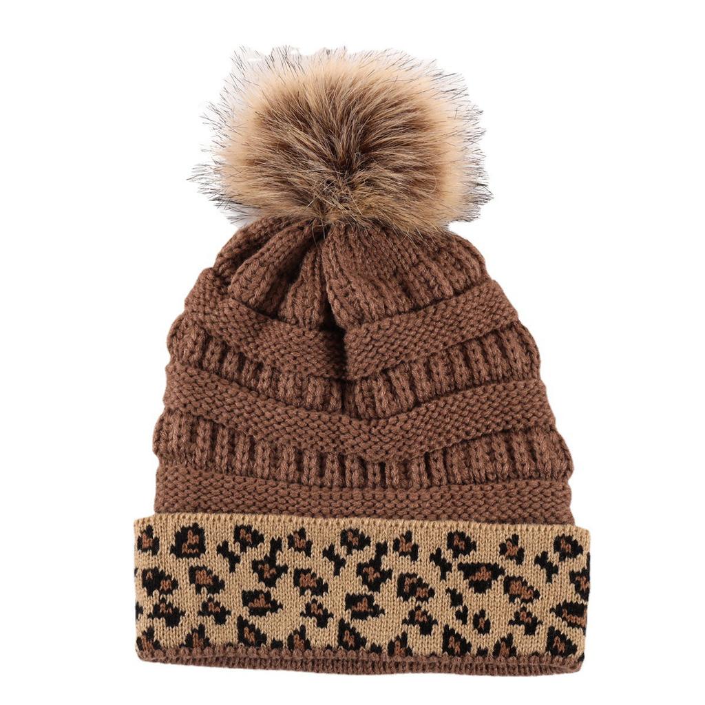 New Rolled Up Thickened Warm Knitted Cap  Winter Woolen Cap  Leopard Print Fashionable Pile Cap