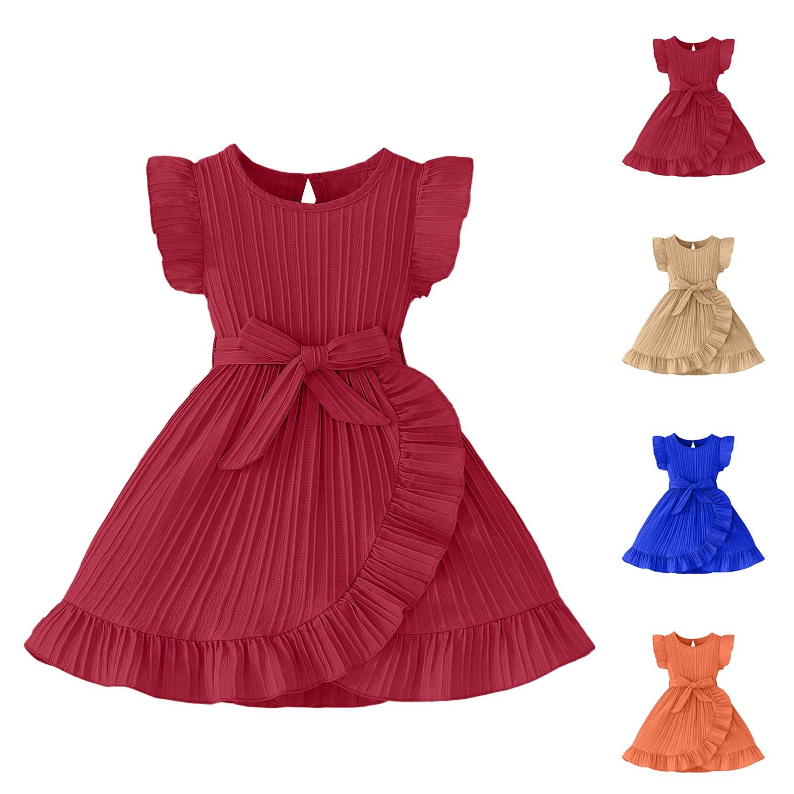 

Girls Sleeveless Dress - Solid Color Belted Sundress 5 синій