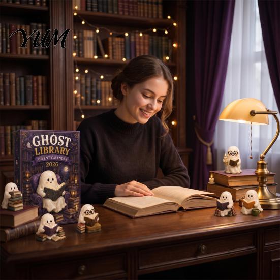 Retro Gift Box Packaging Halloween Advent Calendar, 24-Day Acrylic Ghost Figure Countdown Set Calendar with Diverse Themes, Cute Desk Decor,