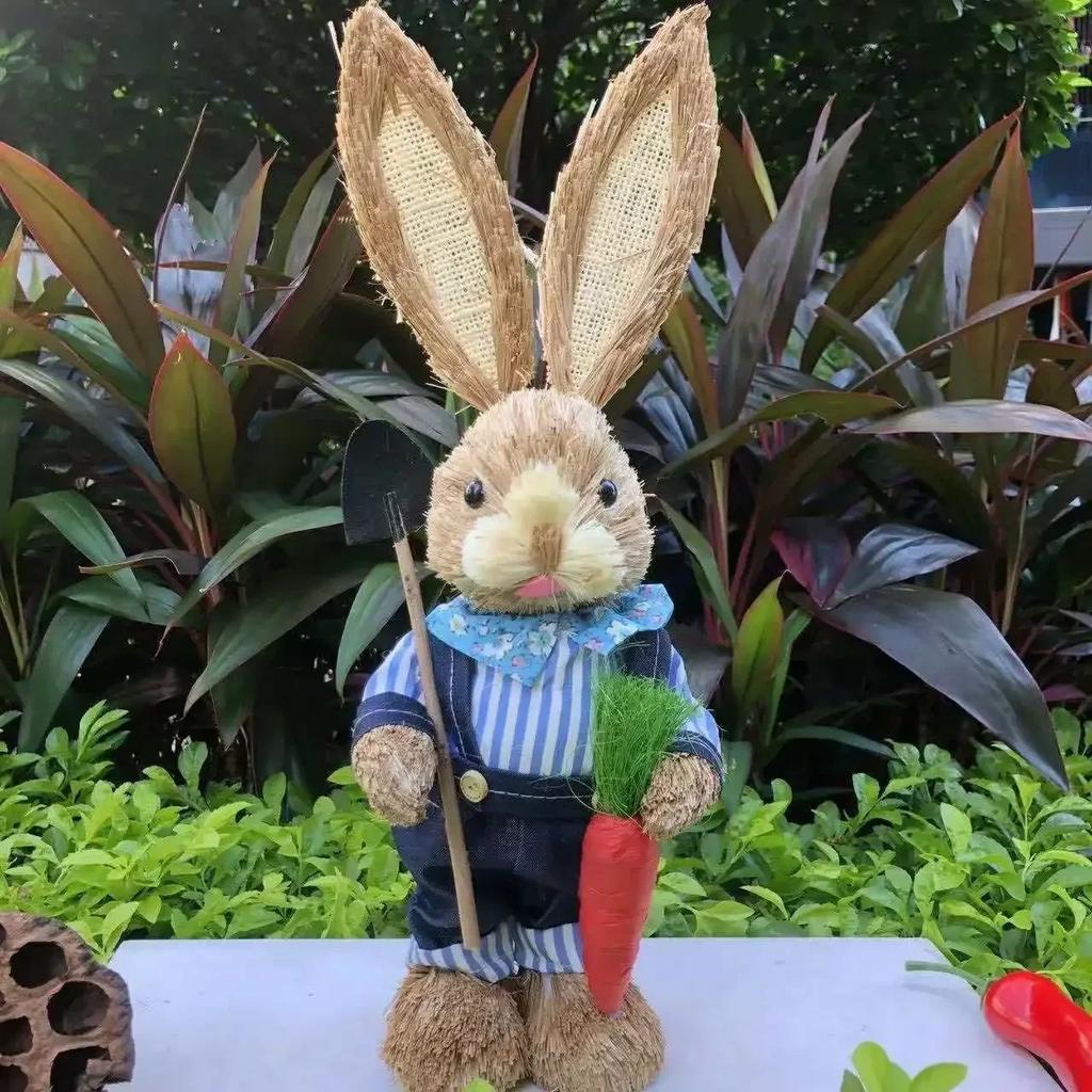 Easter Bunny on Swing Handmade Woven Grass Rabbit Creative Figurine Home Decor Hanging Ornament Forest Theme Gift Souvenir