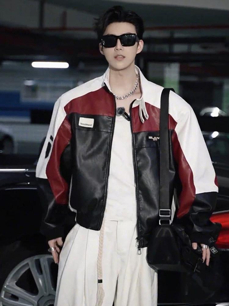 Stylish Men's Red Patchwork Leather Motorcycle Jacket - Spring/Autumn Retro Couples' Design