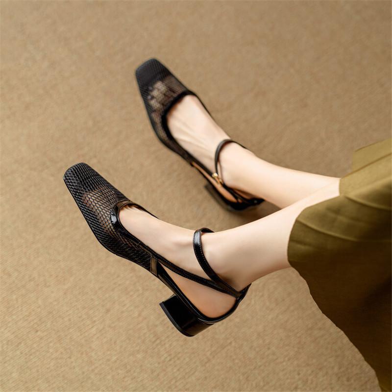 Fashion New Summer Sandals Cover Toe Mesh Sandals for Women Chunky Heels Sandals Fashion Hollow Out Ladies Shoes Office Women Shoes