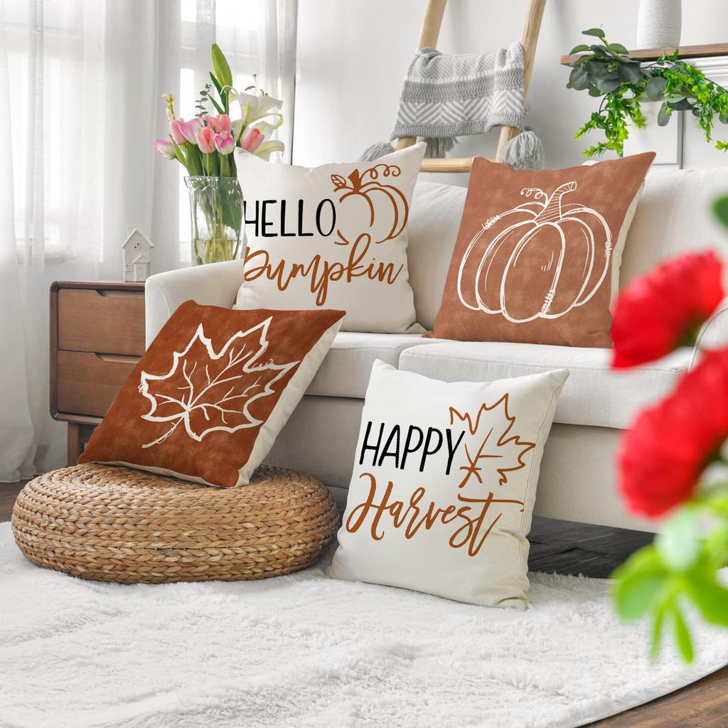 Pumpkin Maple Leaf Letter Cushion Cover Autumn Harvest Linen Print Sofa Cushion Cover Bedroom Bedside Cushion