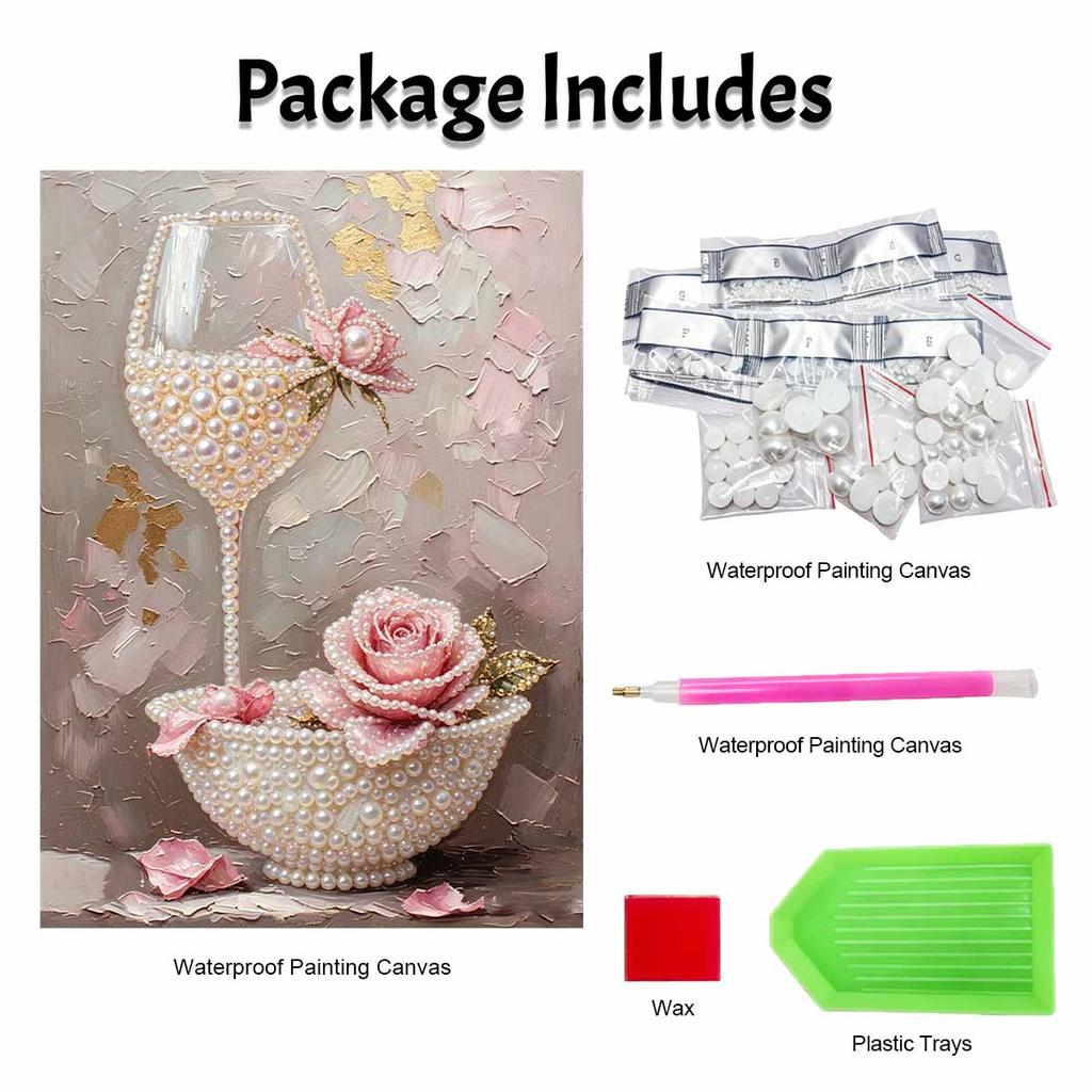 Frameless Pearl Painting Kit Rose Wine Glass Pattern DIY 3D Bead Art Canvas Relaxing Handmade Craft for Adults Home Decor