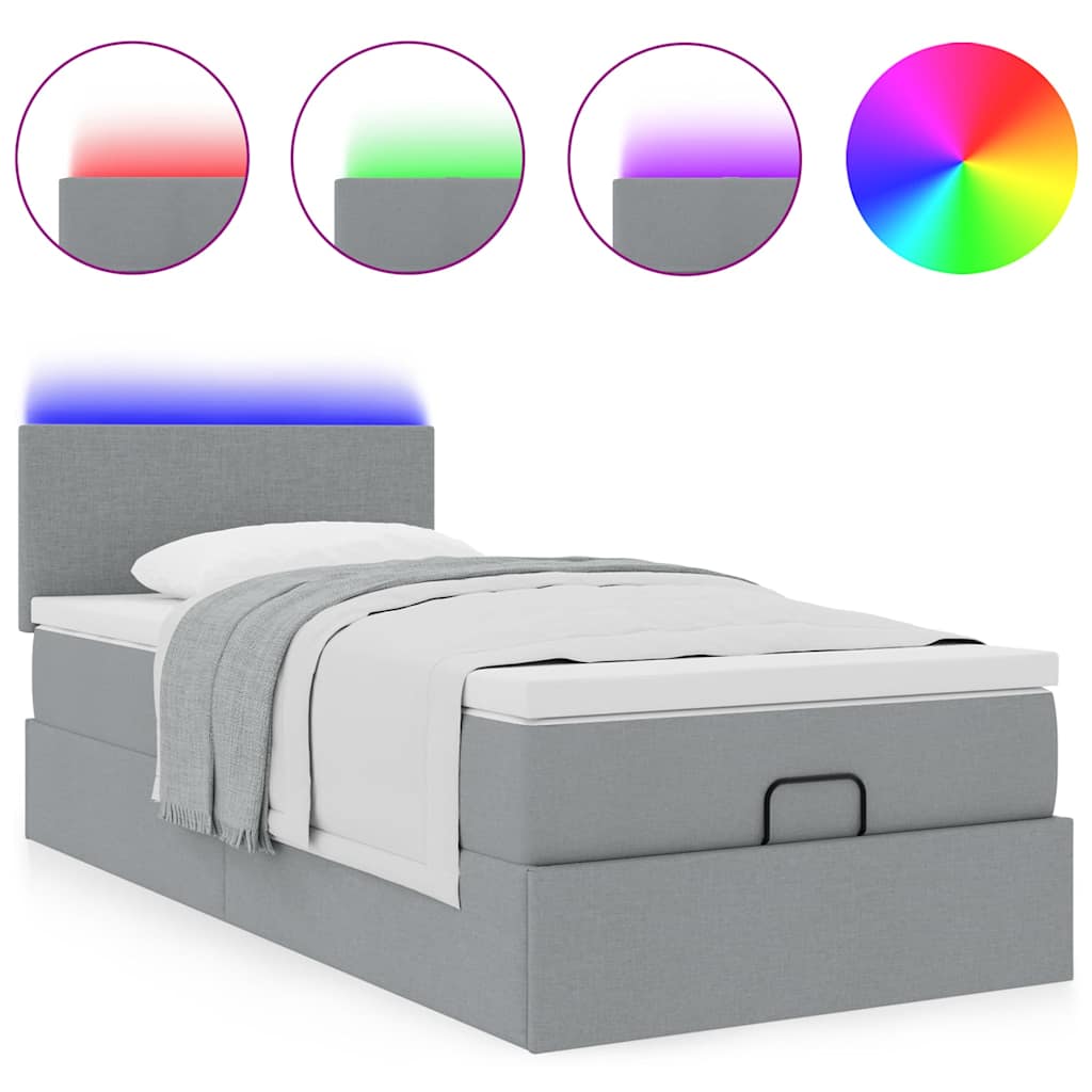 Ottoman Bed with Mattress & LEDs Light Grey 100x200 Cm Fabric