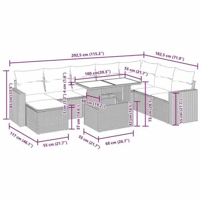 VidaXL Garden Lounge Set with Cushions 9 Pcs Grey Wicker Acacia, Outdoor Sofa Set, Garden Furniture 3326372