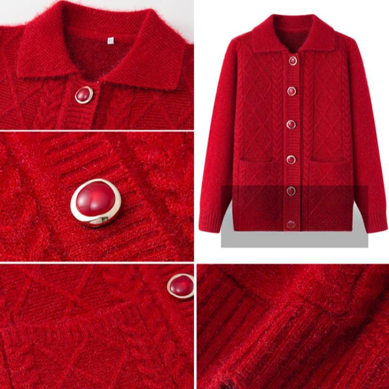 Vår Høst Tynn Seksjon Kåpe Dame Tykk Krage Strikket Genser Cardigan Genser for Middelaldrende og Eldre Mennesker