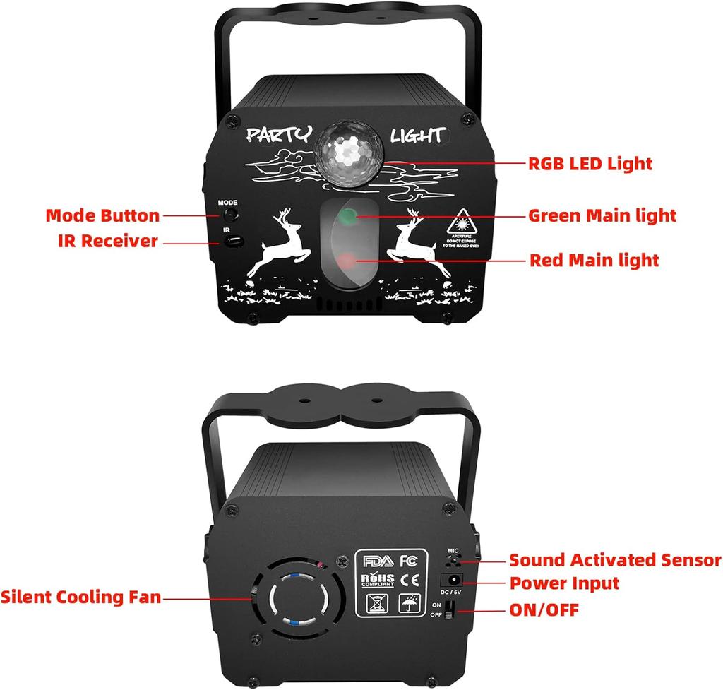 Partylichter, Disco-DJ-Licht mit ferngesteuerter Bühnenbeleuchtung, tragbarer, klangaktivierter und wiederaufladbarer LED-Projektor-Blitzlampe