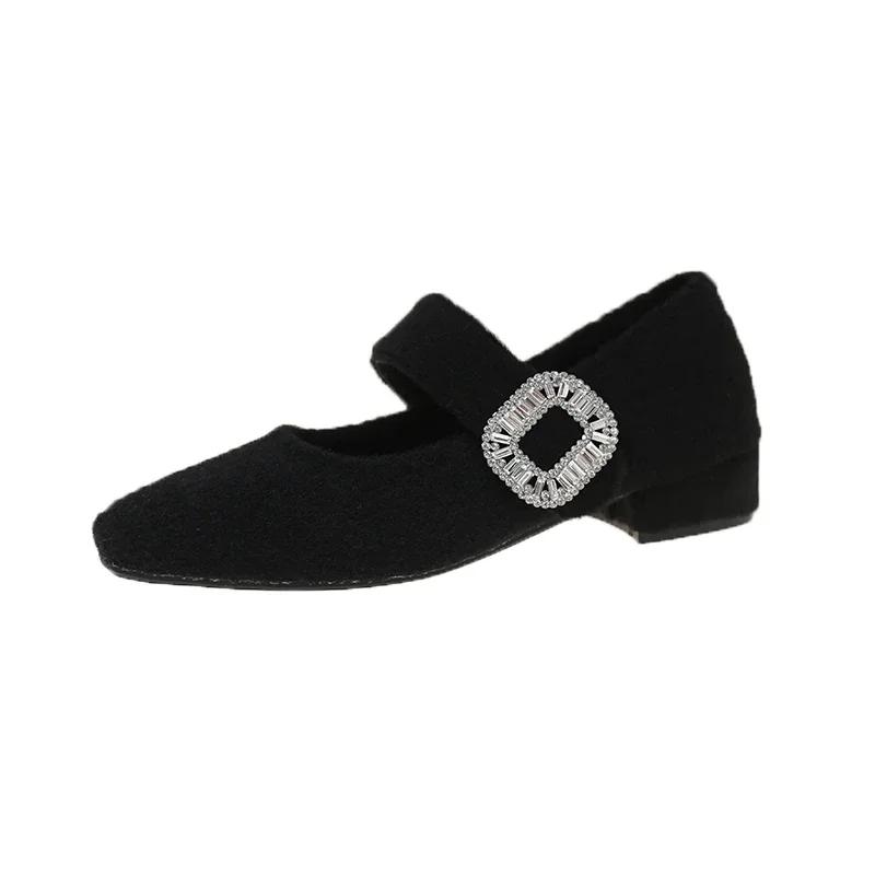 Fashion Warm Fleece 3CM Women Mary Jane Shoes Fashion Crystal Buckle 2025 Spring Wedding Party Female Shoes