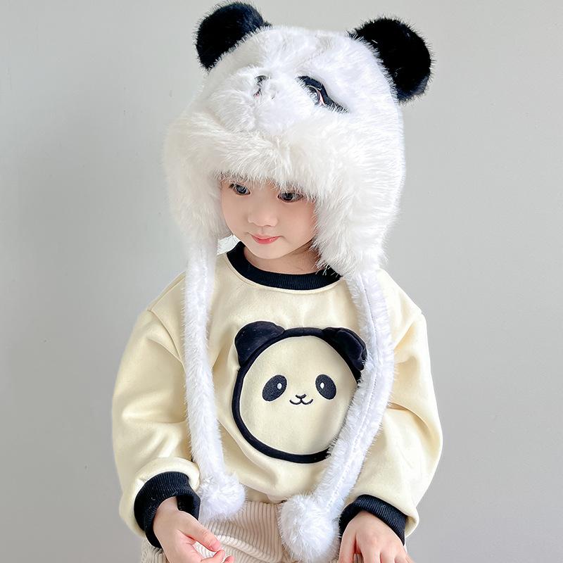 Cute panda children s plush winter warm ear protection adult cartoon imitation mink hair thickened parent-child hat Lei Feng hat