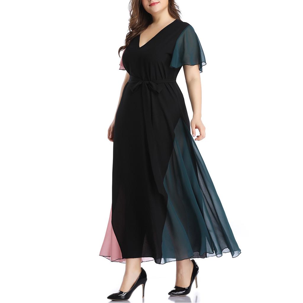 Women's Fashion Casual V-neck Collision Color Stitching Lacing Large Size Dress