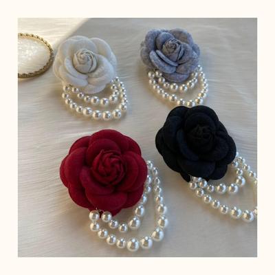 Korean Retro Camellia Brooch with Pearl and Wool, Versatile Fabric Rose for Suit Jackets