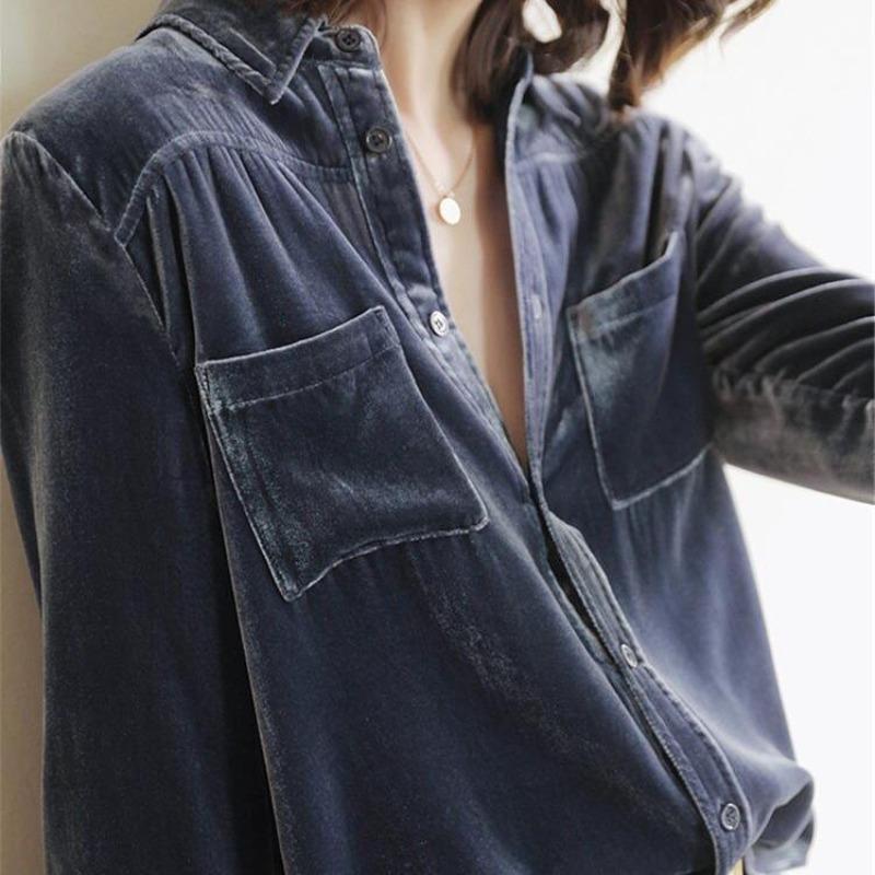 High End Gold Lined Velvet Shirt Women's Long Sleeved Temperament Versatile Top Fashionable Loose Base Shirt Trendy