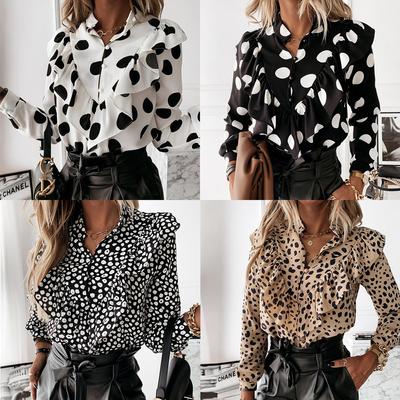 Casual Leopard Dot Print Rüschen Bluse Shirt Herbst Winter Lange Hülse Frauen Shirts Elegante Büro Dame V-ausschnitt Taste Tops Blusa