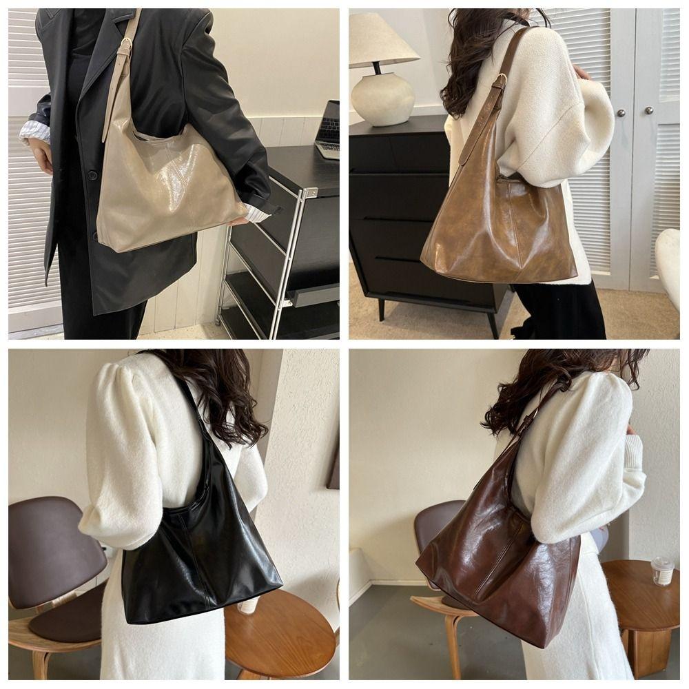 Solid Color Commuting Shoulder Bag Large Capacity Vintage Underarm Bag Soft Leather Tote Bag Women