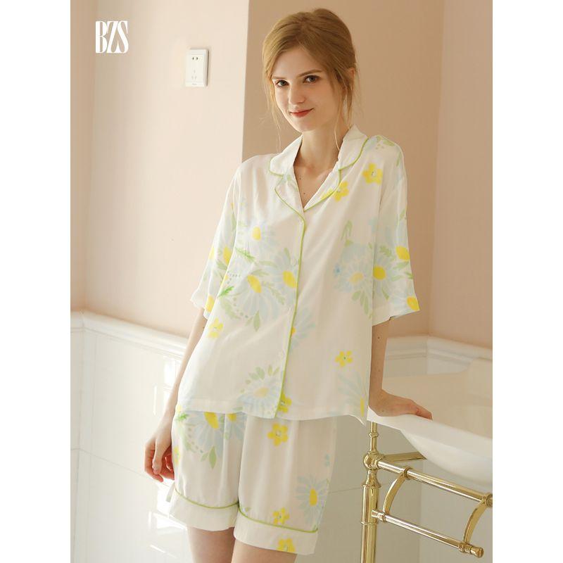2024 Summer Tribute Satin Sunflower Pajamas Women Thin Loose Version Short sleeve Cotton Silk Trousers Rayon Homewear