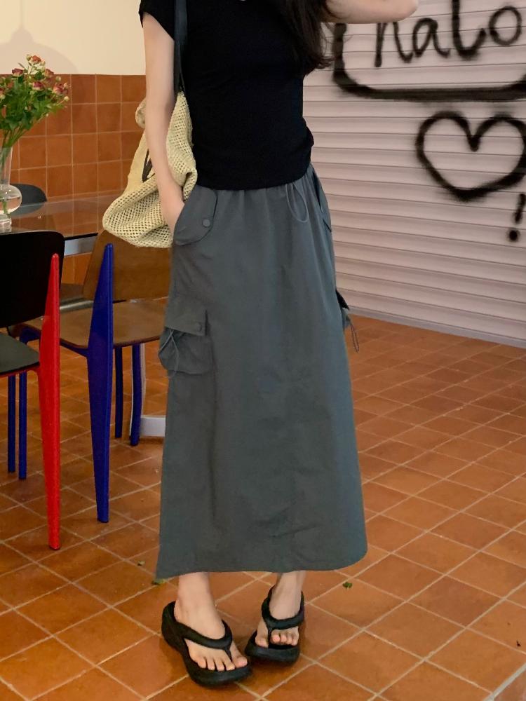 Chic Drawstring Pocket Design Cargo Skirt Women Summer Retro High Waist Gyaru Split Long Skirts Harajuku Fashion Streetwear New