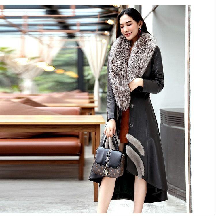 

Женская кожаная куртка средней длины, плащ-тренч из искусственной кожи до колена, новинка осени и зимы, пальто из искусственной овчины большого размера, меховое пальто S чёрный