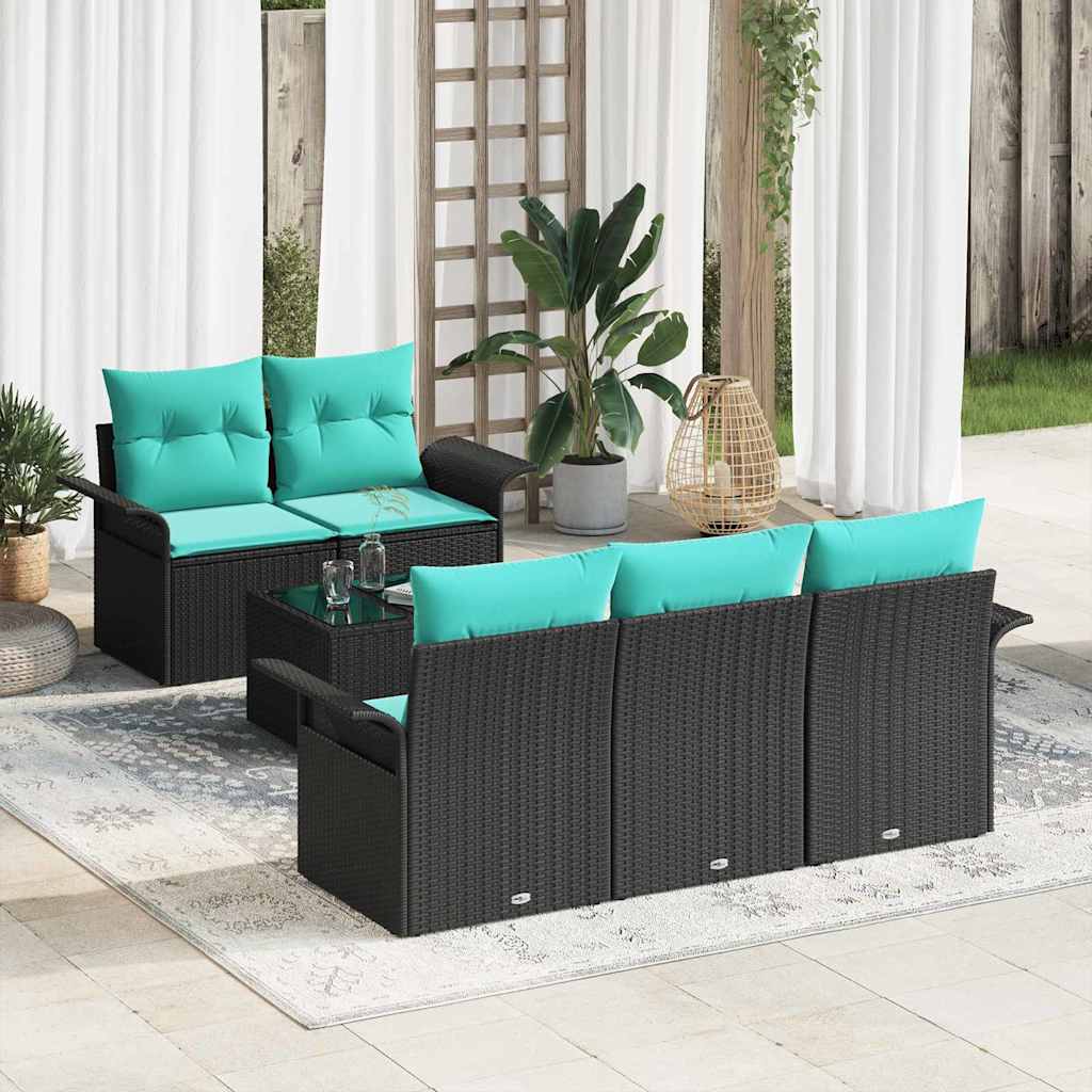 Garden Sofa Set with Cushions 6 pcs Black and Turquoise Poly Rattan