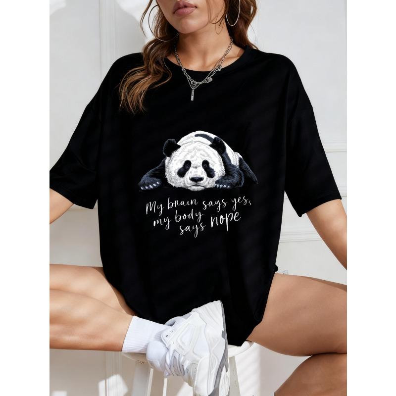 Cotton T Shirt White Panda Bear Print With Text My Heart Says Yes My Body Says Nap For Casual Wear And Everyday Style